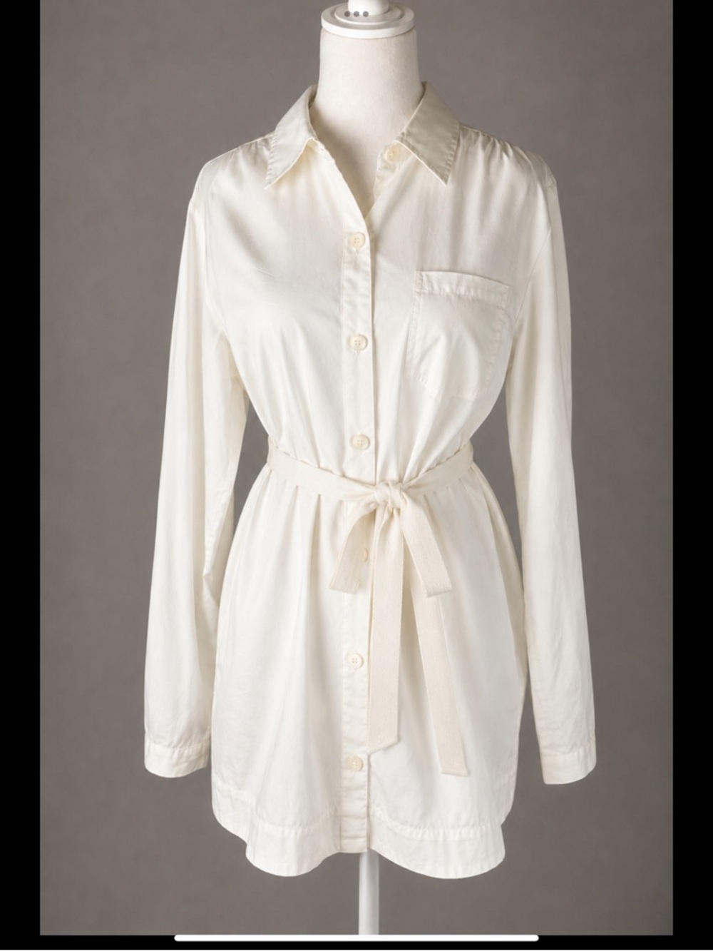 Banana Republic White Tie Waist Tunic Shirt L 100% Cotton Long Sleeve Button Up